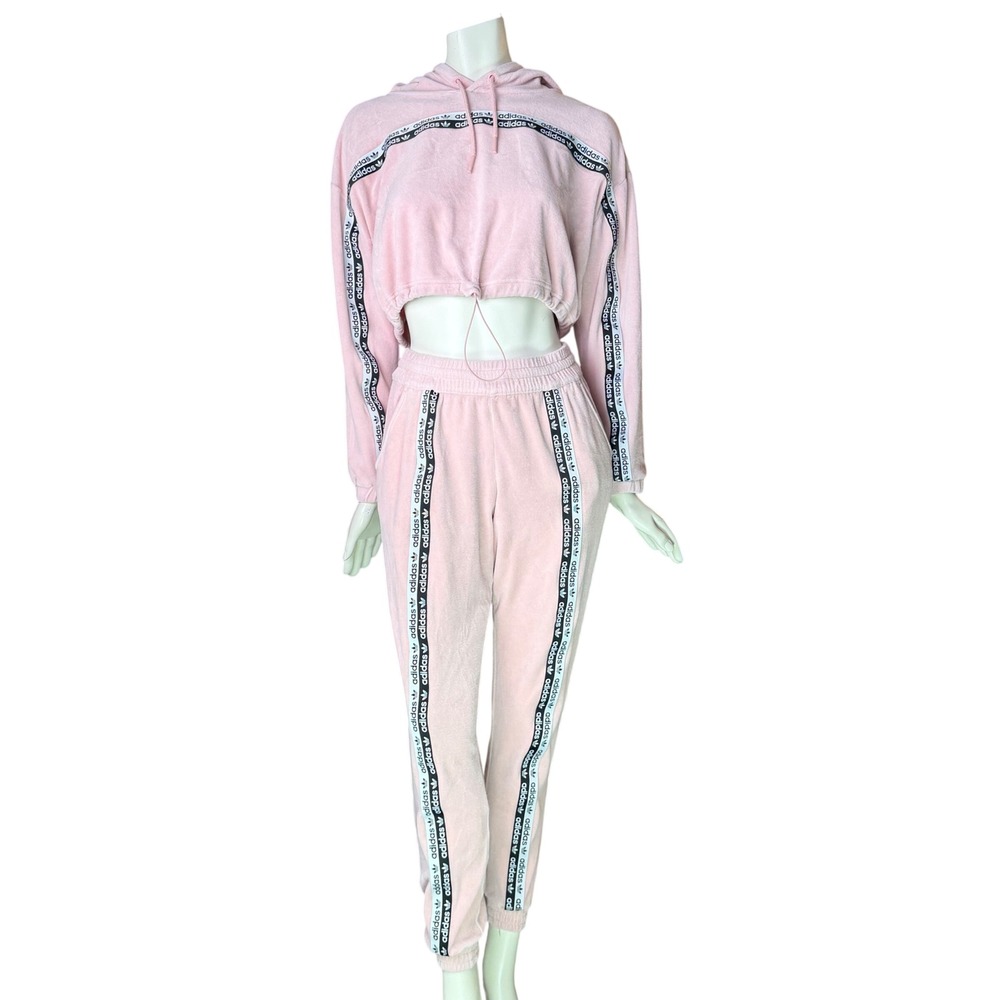 Adidas Tracksuit Velour Cropped Hoodie Joggers Pink Logo Tape Y2K Barbiecore XS